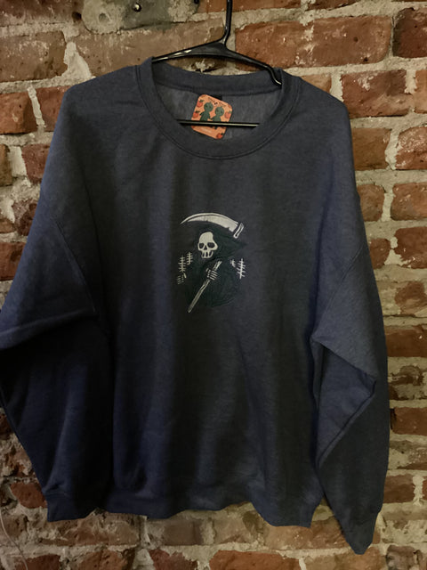 StitchnStabs Embroidered Green Grim Reaper Skull Grey Crewneck