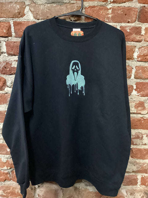StitchnStabs Embroidered Sparkly Ghostface Drip Black Crewneck