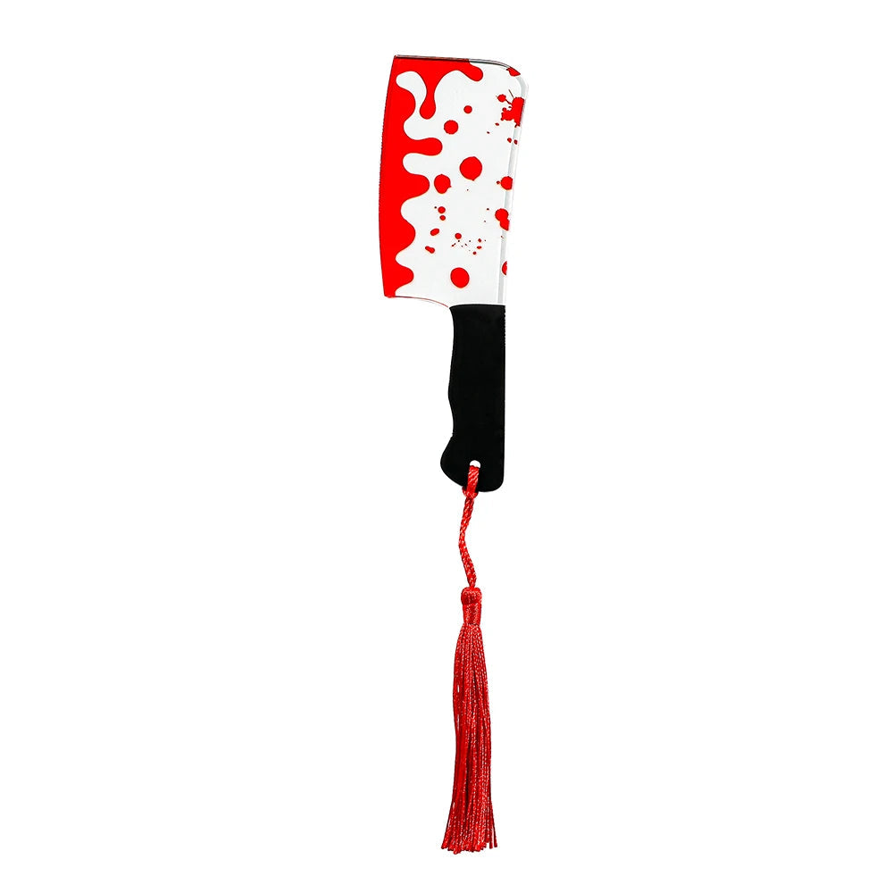 Marcador de libro con cuchillo de carnicero con salpicaduras de sangre