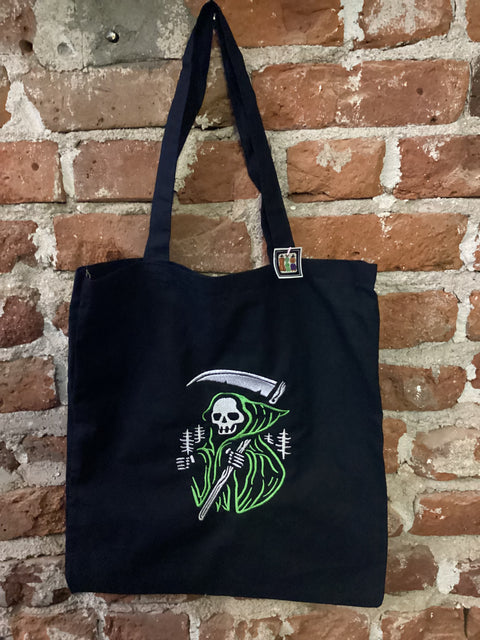 StitchnStabs Embroidered Green Grim Reaper Black Tote