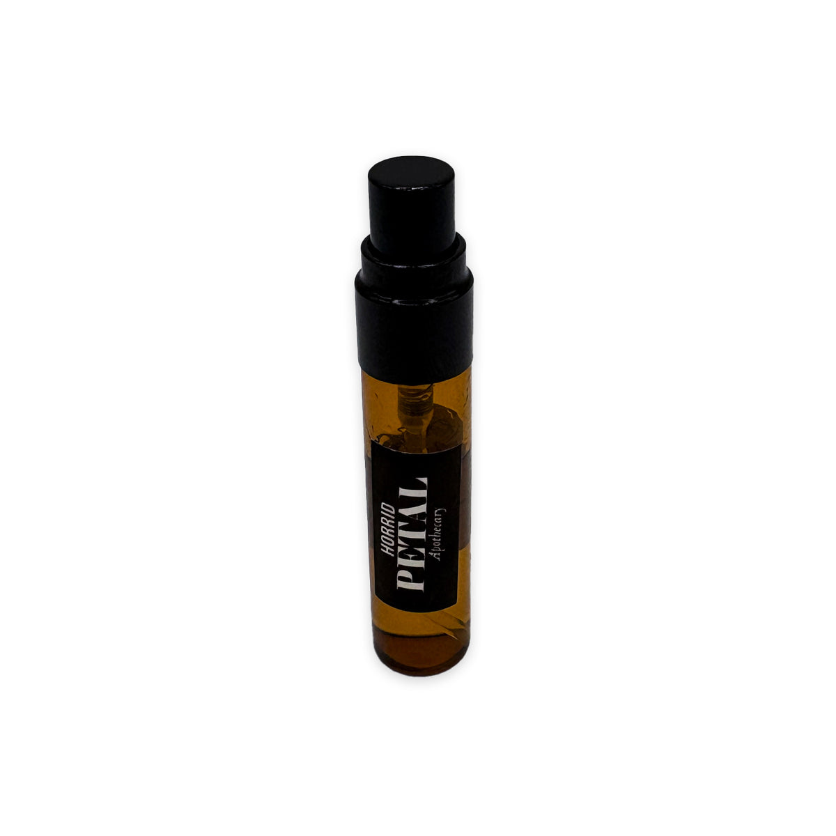 A small amber glass spray bottle with a black cap and a black label reading 'PETAL' on a plain white background.