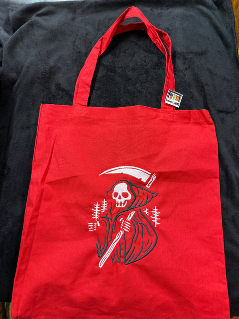 StitchnStabs Embroidered Grim Reaper Red Tote
