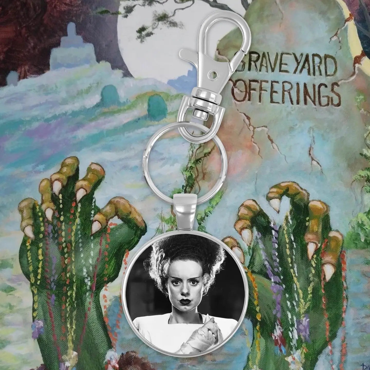 Graveyard Offerings Bride Of Frankenstein Keychain
