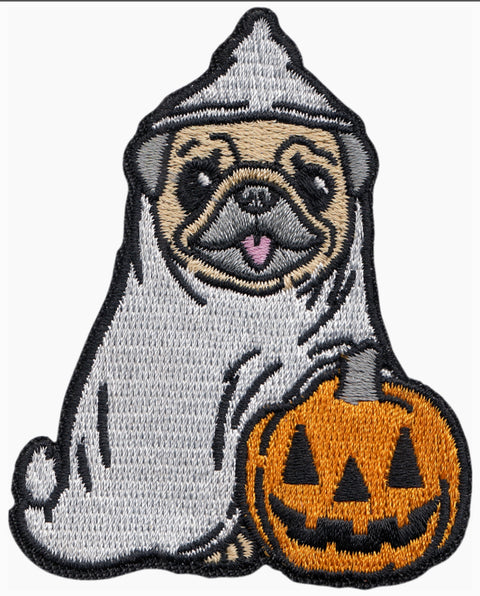 Horror Patch Ghost Pug with Pumpkin