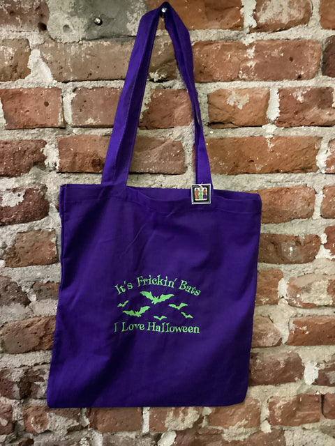 StitchnStabs Embroidered It’s Frickin’ Bats I Love Halloween Purple Tote