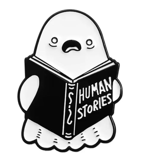 Ghost Reading Human Stories Pin
