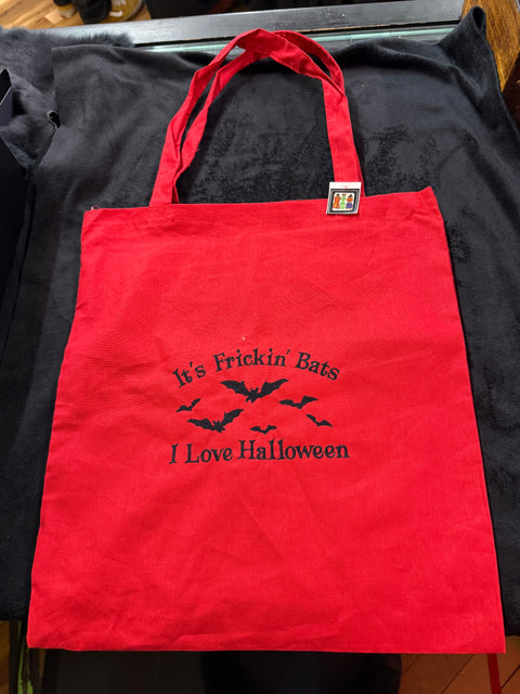StitchnStabs Embroidered It’s Frickin’ Bats I Love Halloween Red Tote