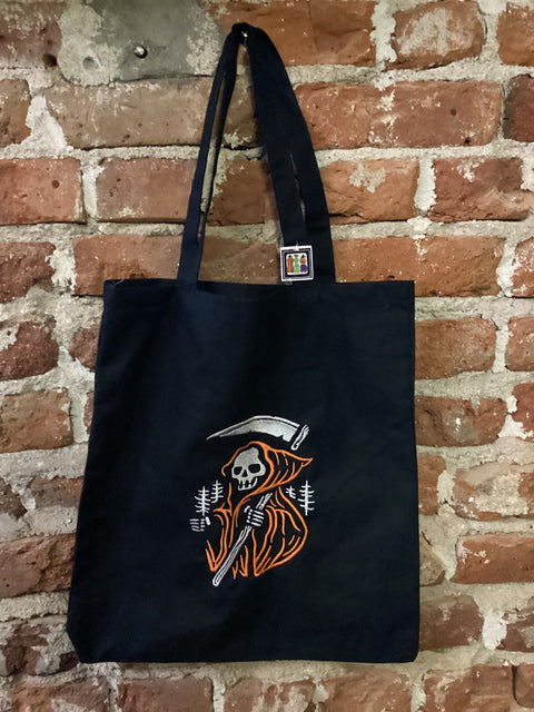 StitchnStabs Embroidered Orange Grim Reaper Black Tote
