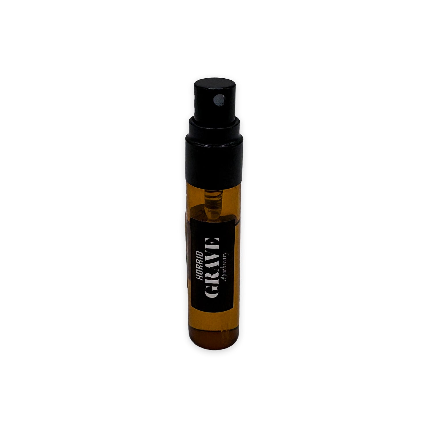 A small amber glass spray bottle with a black cap and a black label reading 'GRAVE' on a plain white background.