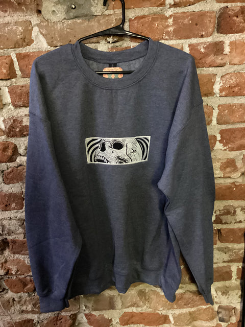 StitchnStabs Embroidered White Skull Grey Crewneck