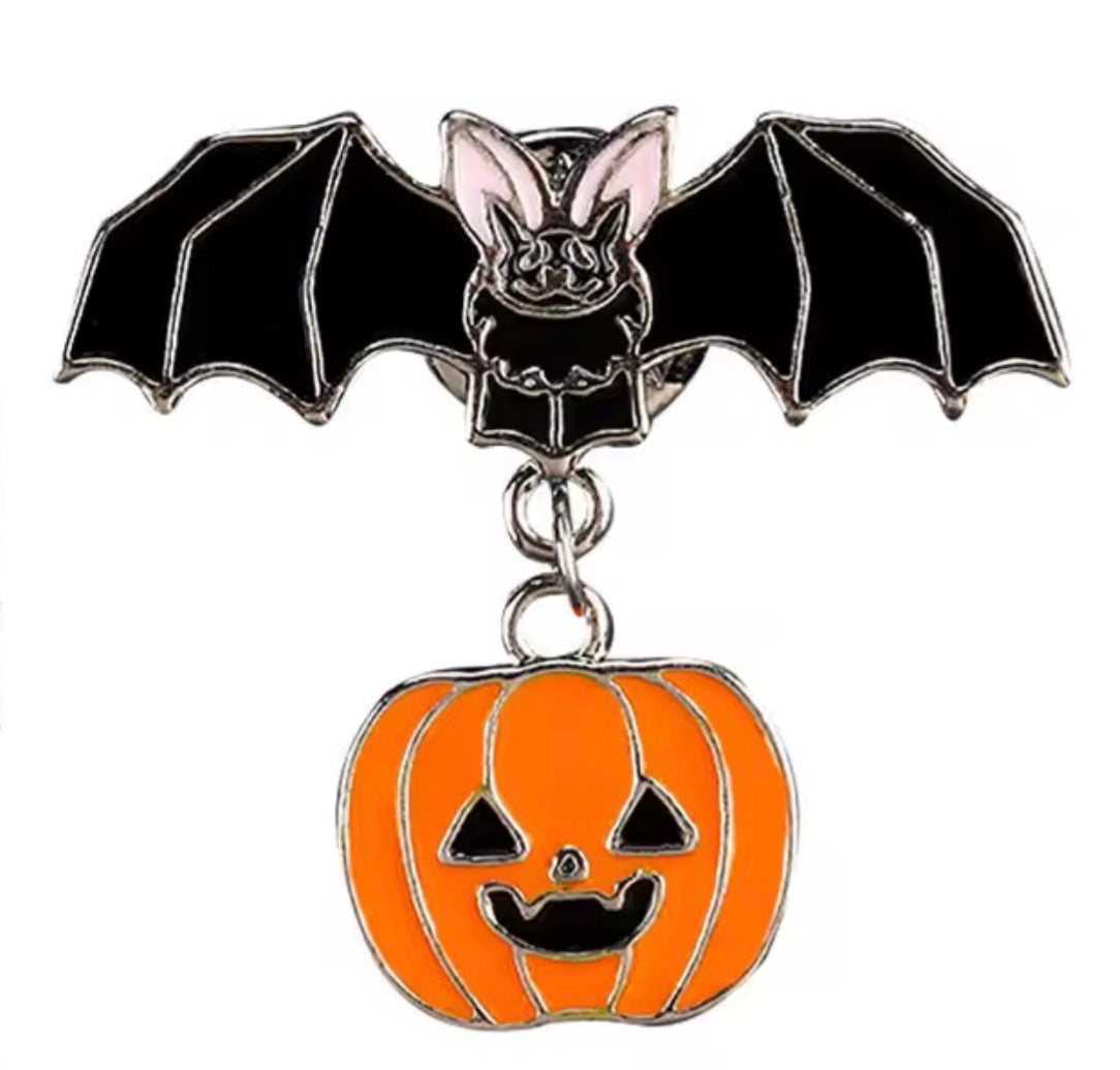 Black Bat with Pumpkin Charm Pin