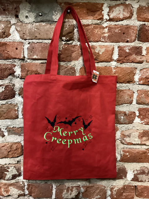 StitchnStabs Embroidered Merry Creepmas Red Tote