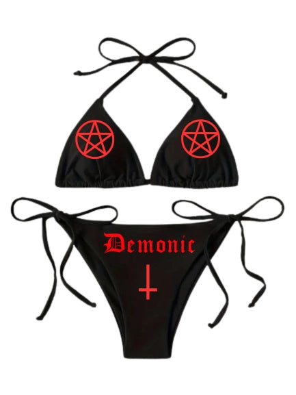 Wickedly Divine Shop Bikini Swim Suit Top Red Pentagrams
