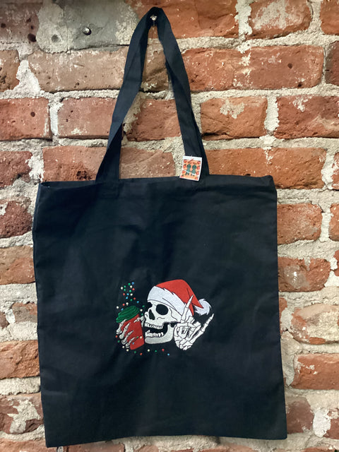 StitchnStabs Embroidered Skeleton Latte Tote