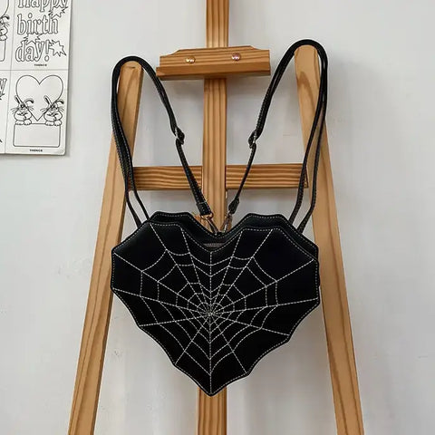 Black Heart Shaped Spider Web Backpack Purse