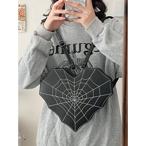 Black Heart Shaped Spider Web Backpack Purse