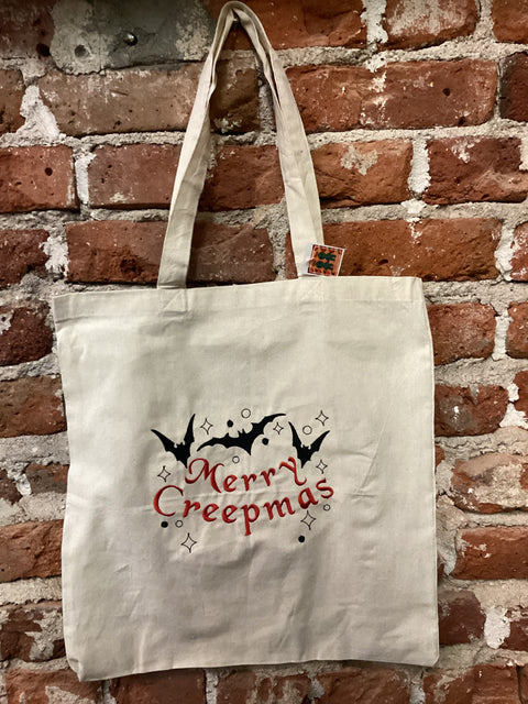 StitchnStabs Embroidered Merry Creepmas Canvas/Red Tote